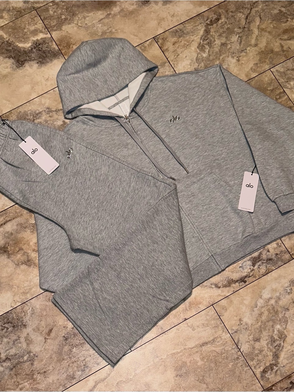Alo Yoga Accolade Full Zip Hoodie & Sweatpants Set Grey Sweatsuit Size XL